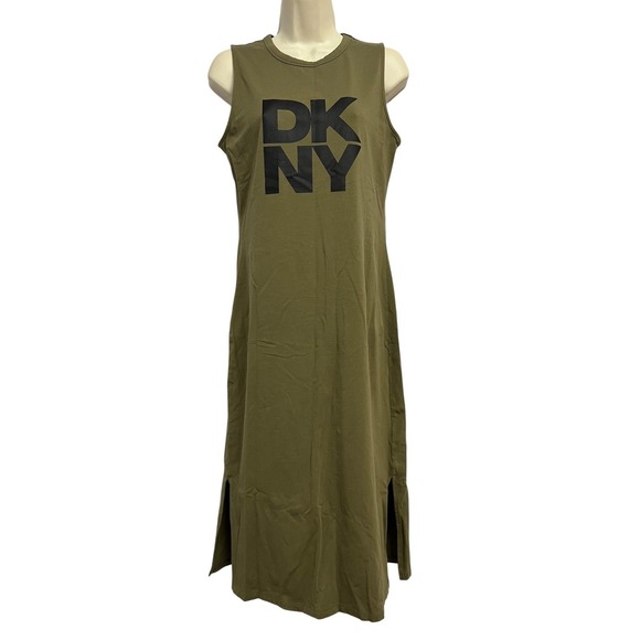 DKNY Dress Womens Small Olive Green Sleeveless Midi Tank Logo Casual Summer - Picture 1 of 8